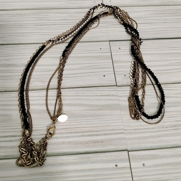 Chico's Gold Black White Gold Multi Strand Beaded Boho Statement Necklace 38" - Picture 1 of 5